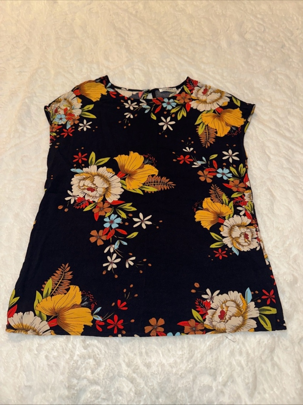 Torary Navy Floral Short Sleeve Top with Yellow, Cream & Blue Accents